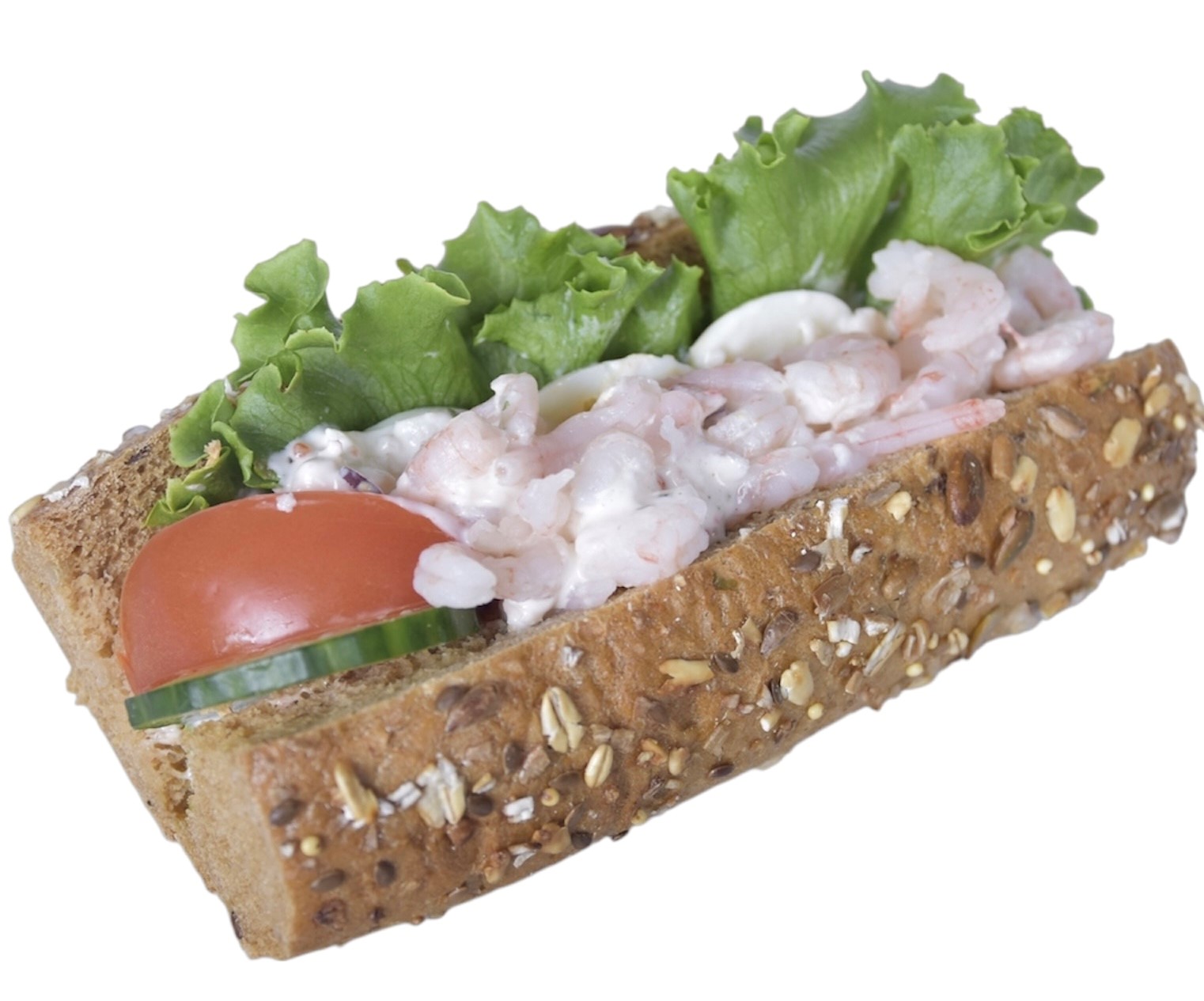 Liten fullkornsbaguette med räkor, ishavsröra och ägg Liten fullkornsbaguette med räkor, ishavsröra och ägg